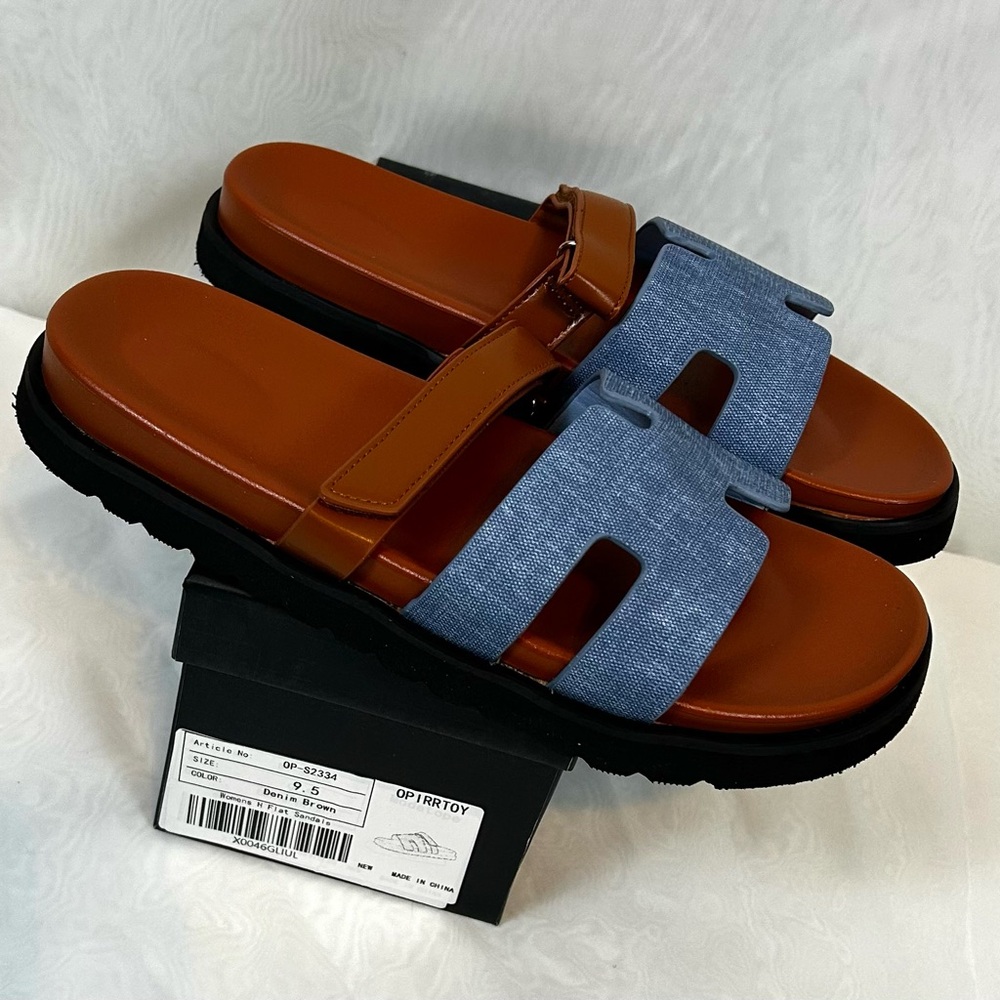 New Modatope Women’s H Flats 9.5 Denim and Brown Slides Sandals